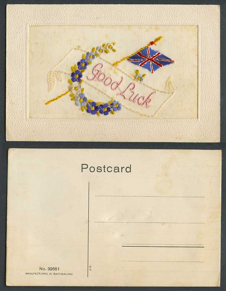 WW1 SILK Embroidered Old Postcard Good Luck Flower British Flag Novelty Greeting