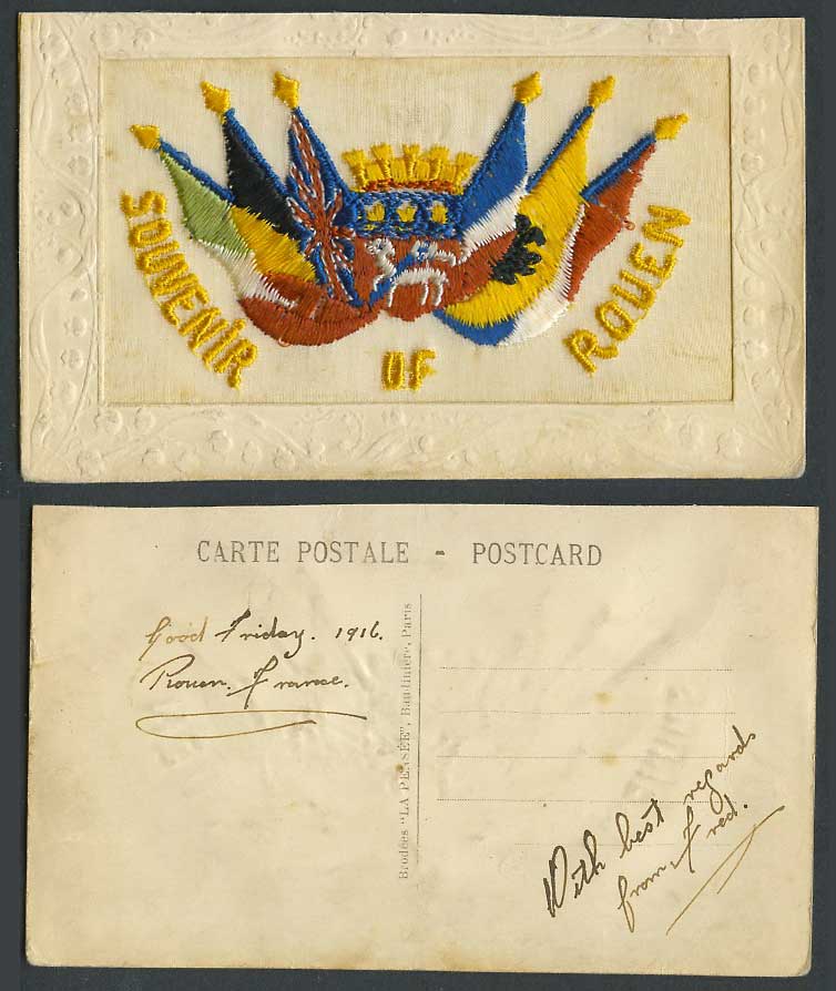 WW1 SILK Embroidered 1916 Old Postcard Souvenir of Rouen, France Flag Flags Arms