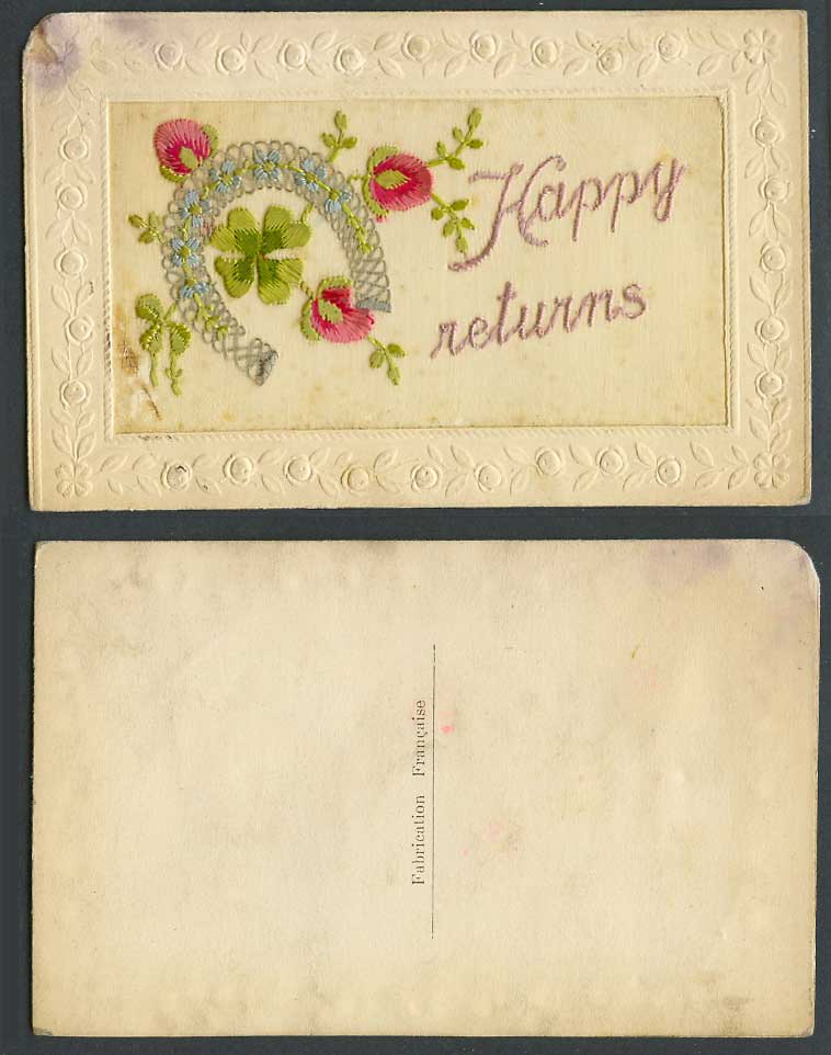 WW1 SILK Embroidered Old Postcard Happy Returns, Horseshoe Flowers 4-Leaf Clover