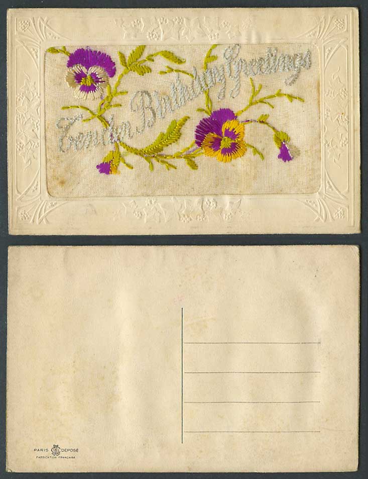 WW1 SILK Embroidered Old Postcard Tender Birthday Greetings Pansy Flower Pansies