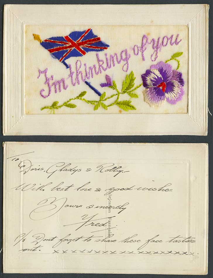 WW1 SILK Embroidered Old Postcard I'm Thinking of You, British Flag Pansy Flower