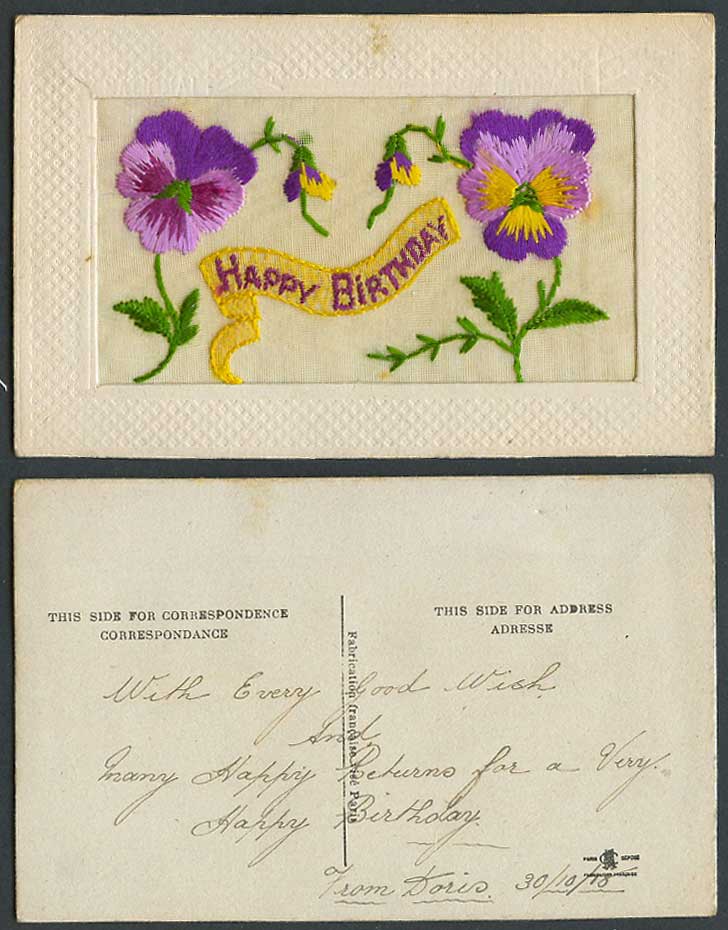 WW1 SILK Embroidered Fr. 1918 Old Postcard Happy Birthday, Pansies Pansy Flowers
