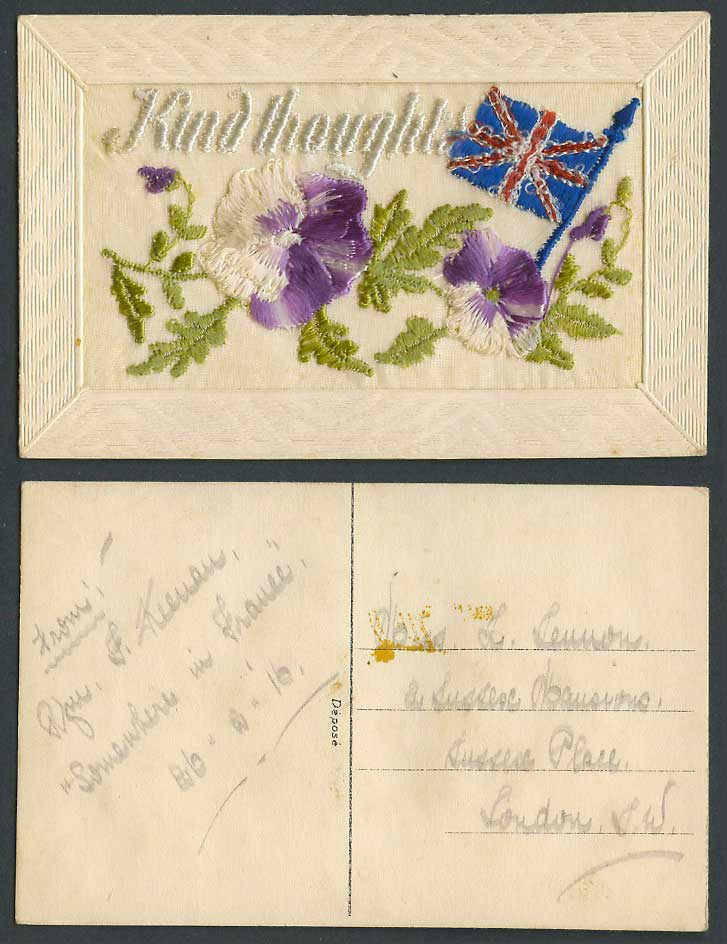 WW1 SILK Embroidered Old Postcard Kind Thoughts, British Flag Flowers, Greetings