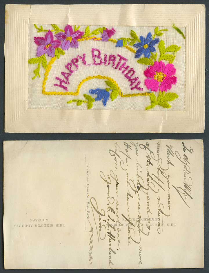 WW1 SILK Embroidered French Old Postcard Happy Birthday Flowers Greeting Novelty