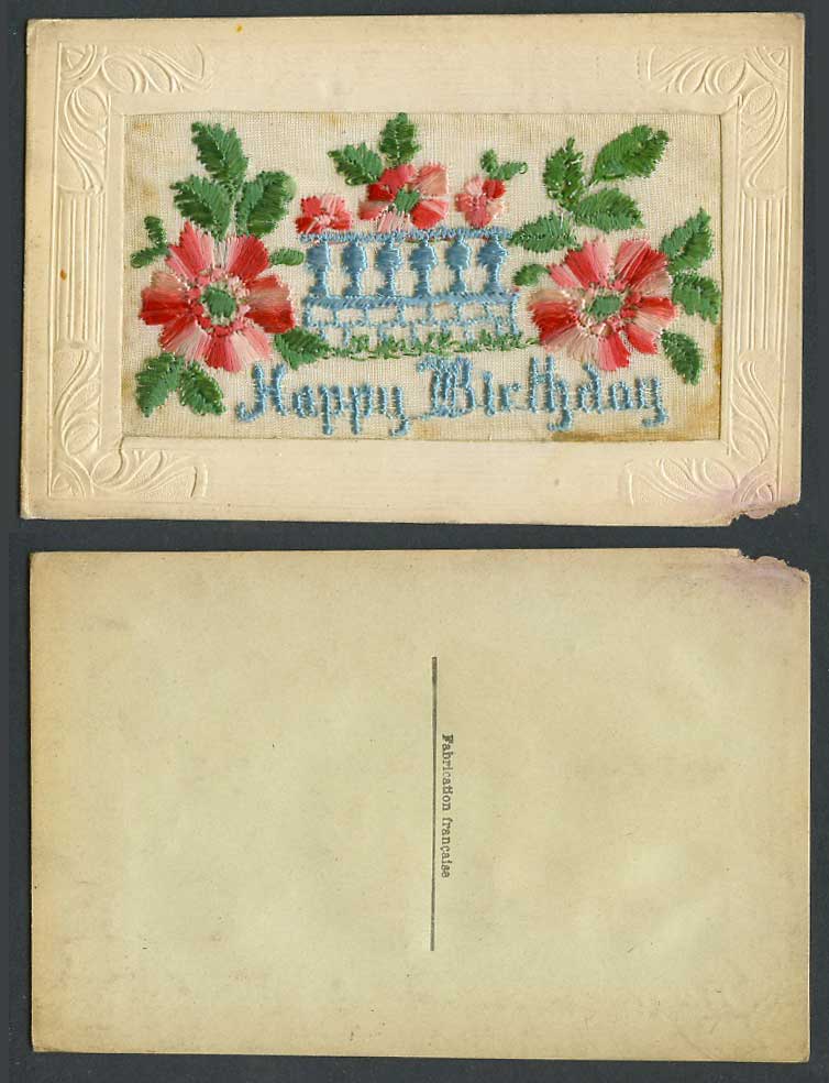 WW1 SILK Embroidered France Old Postcard Happy Birthday Flowers Greeting Novelty