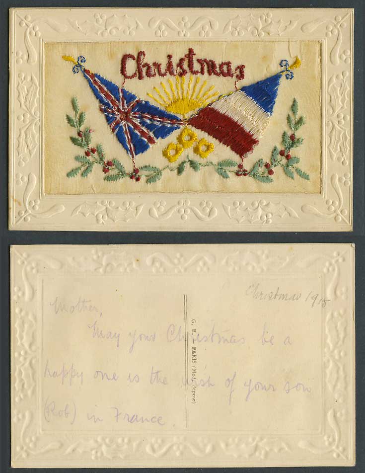 WW1 SILK Embroidered French 1915 Old Postcard Christmas Sun Flags Holly France