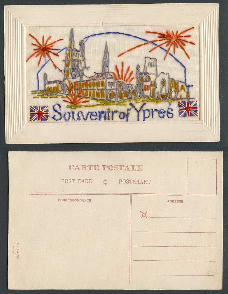 WW1 SILK Embroidered Old Postcard Souvenir of Ypres Belgium Battle Bombing Flags