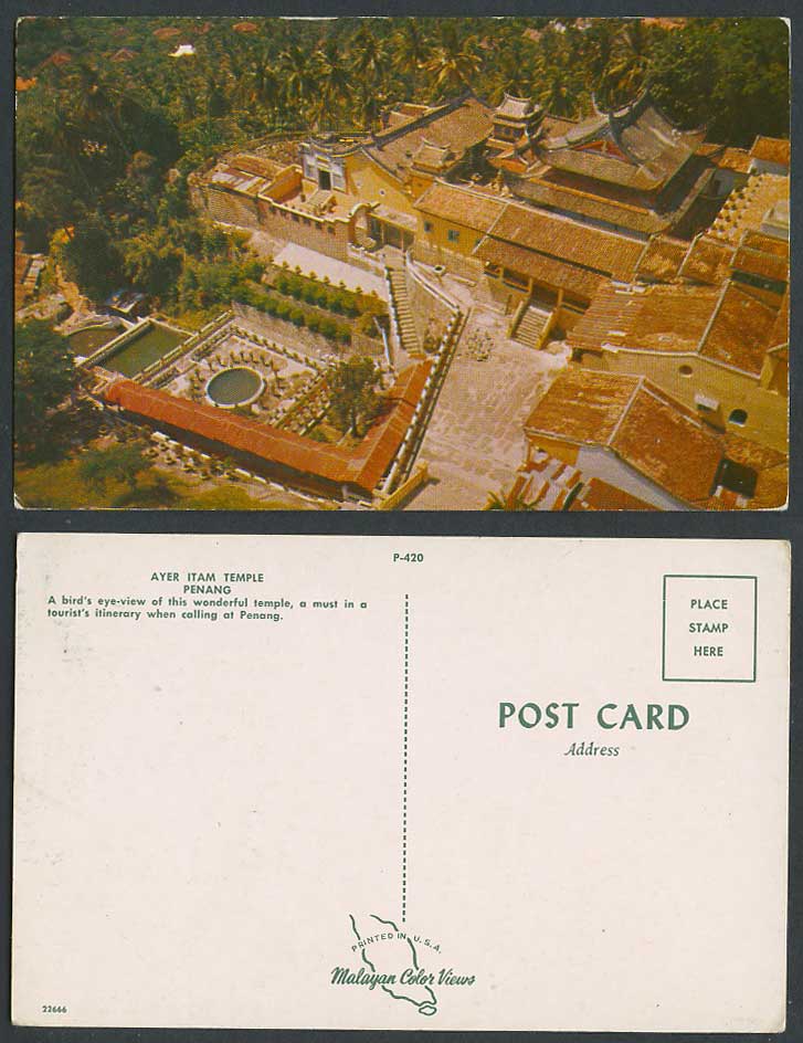 Penang Colour Postcard Chinese Temple Ayer Itam Pagoda, Bird's Eye View 梹城亞逸淡極樂寺