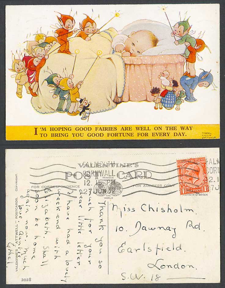 MABEL LUCIE ATTWELL 1932 Old Postcard Elves, Fairies Bring You Good Fortune 2028