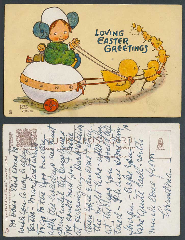 MABEL LUCIE ATTWELL Old Postcard Loving Easter Greetings, Chicks Birds, Egg Doll
