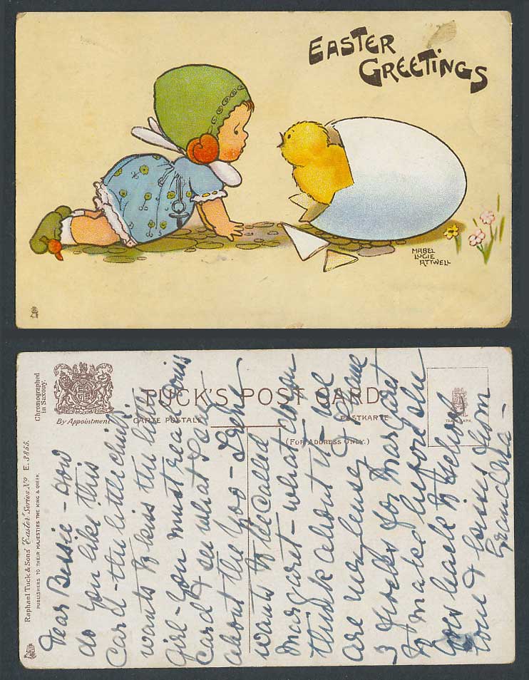 MABEL LUCIE ATTWELL Old Postcard Easter Greetings Girl and Chick Bird Broken Egg