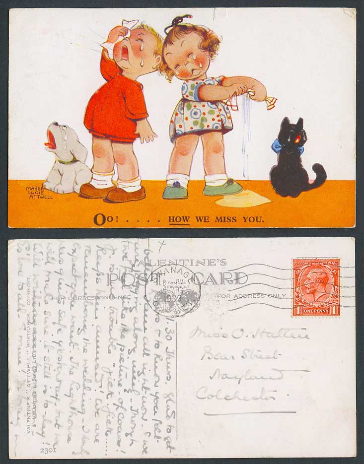MABEL LUCIE ATTWELL 1933 Old Postcard O How We Miss You Girls Dog Black Cat 2301