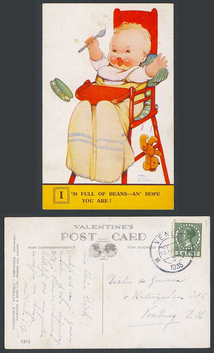 MABEL LUCIE ATTWELL 1935 Old Postcard Teddy Bear I'm Full of Beans Hope U R 2303