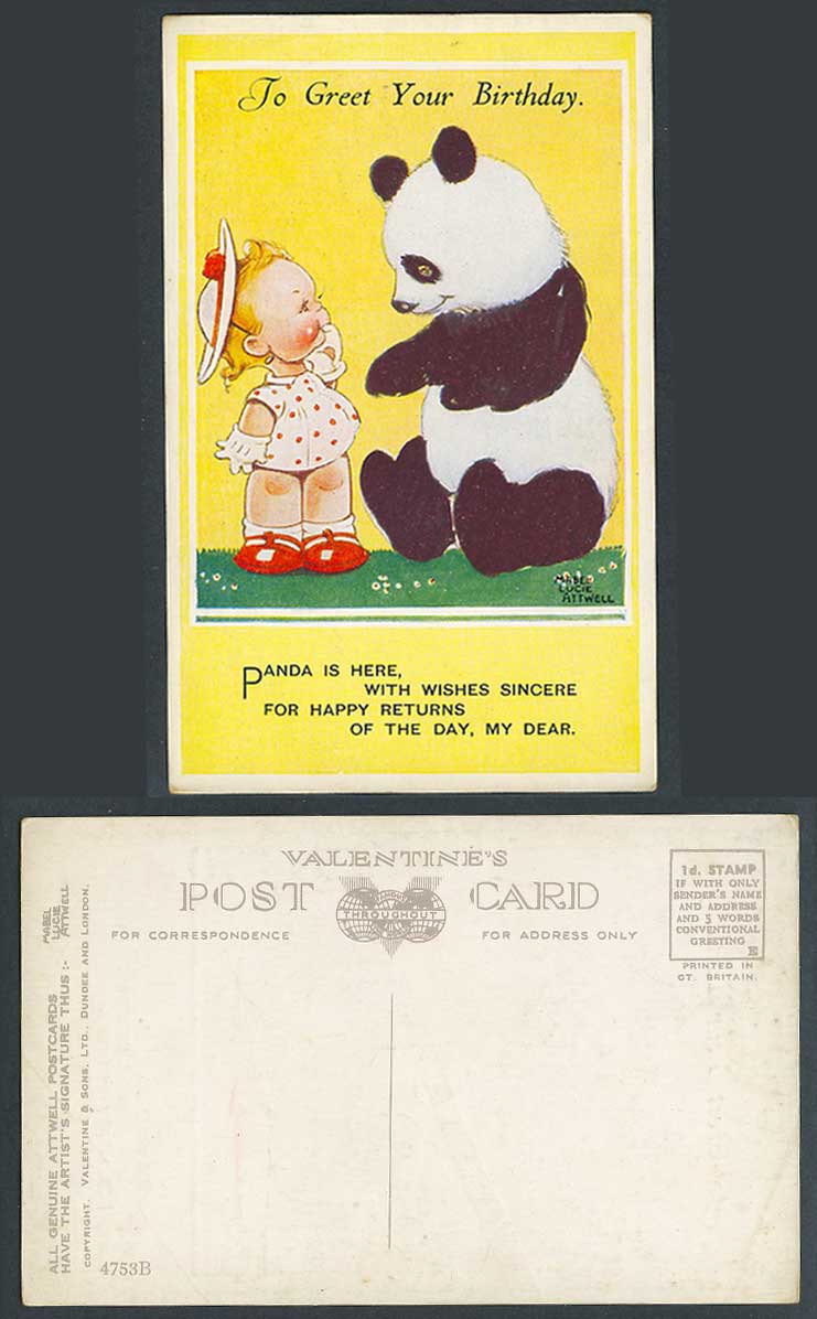 MABEL LUCIE ATTWELL Old Postcard Birthday China Chinese GIANT PANDA & Girl 4753B