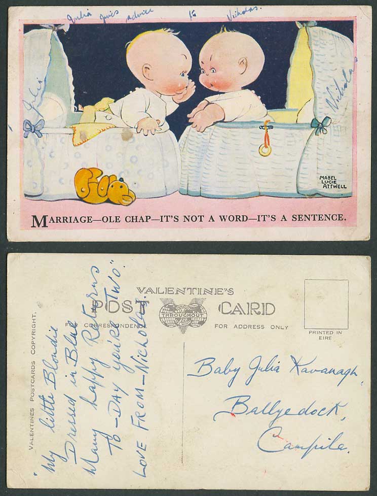 MABEL LUCIE ATTWELL Old Postcard Teddy Bear Ole Chap Marriage is a Sentence 3789