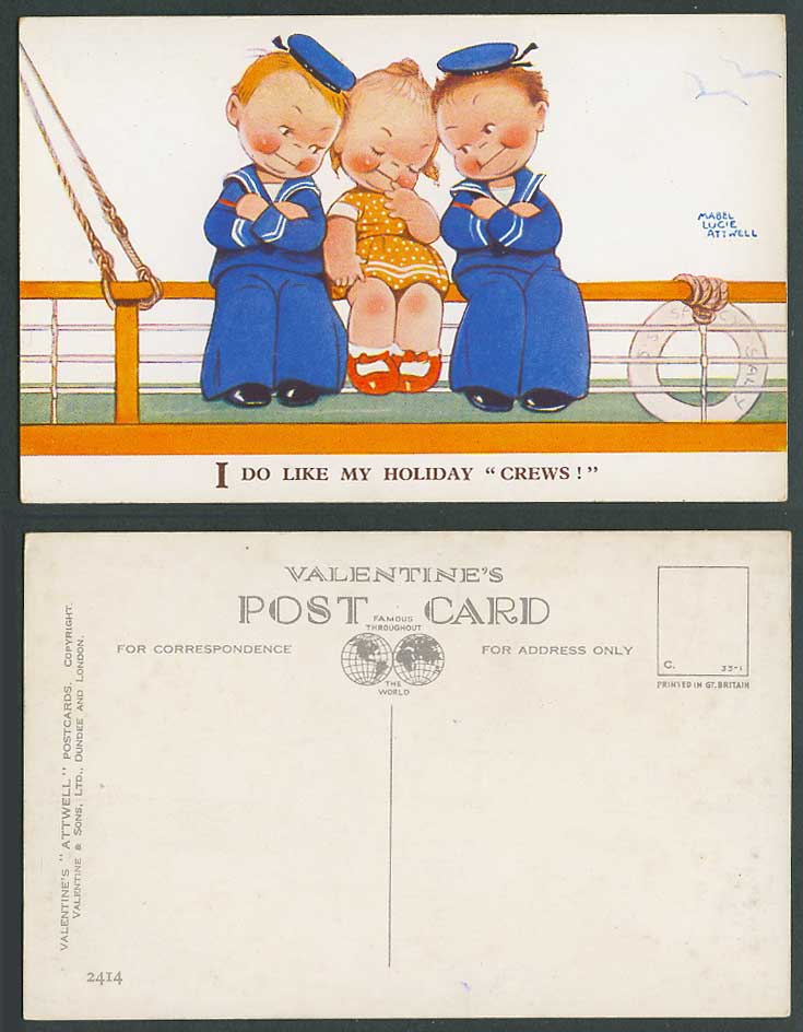 MABEL LUCIE ATTWELL Old Postcard I Do Like My Holiday Crews Boy Navy Marine 2414