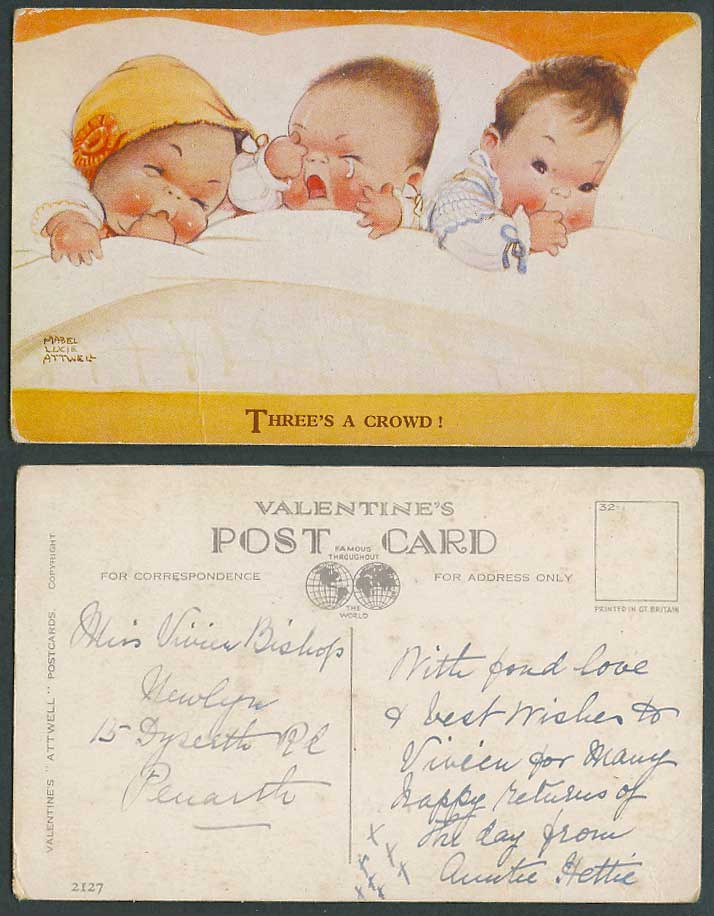MABEL LUCIE ATTWELL Old Postcard 3 Three's A Crowd Triplets Babies Children 2127