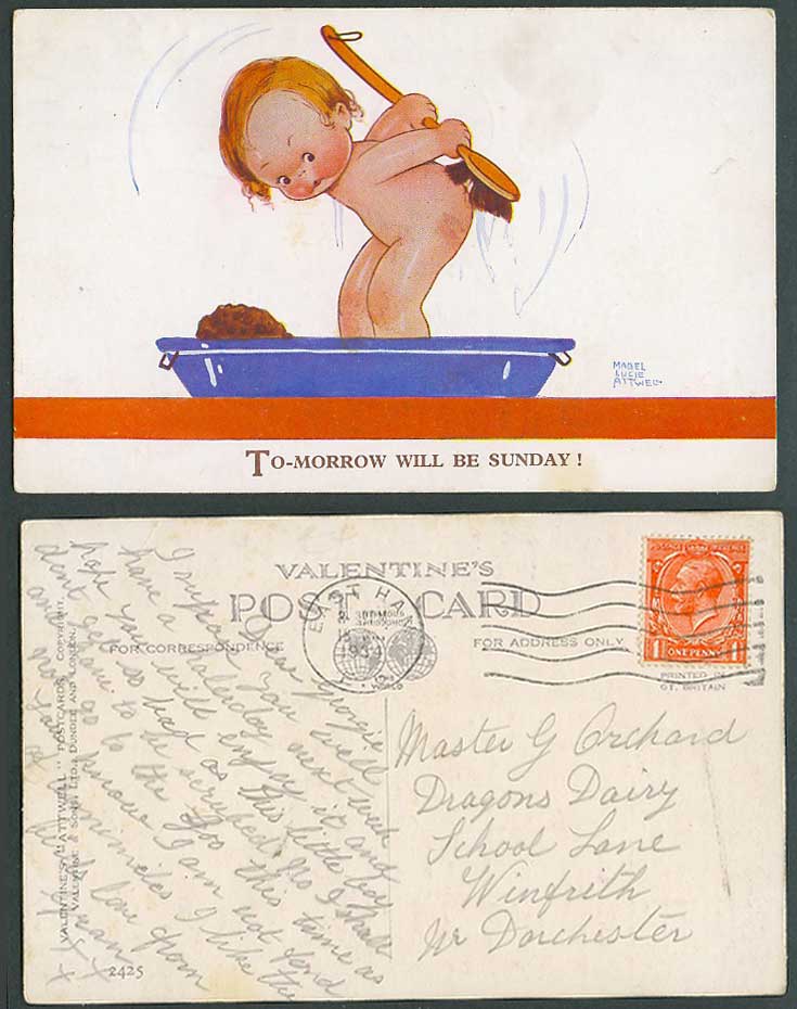 MABEL LUCIE ATTWELL 1934 Old Postcard Tomorrow will be Sunday! Girl Bathtub 2425