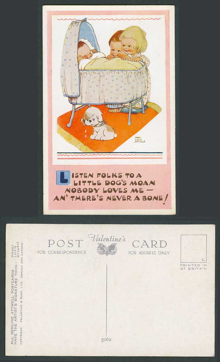 MABEL LUCIE ATTWELL Old Postcard A Dog's Moan Nobody Loves an' Never a Bone 5062