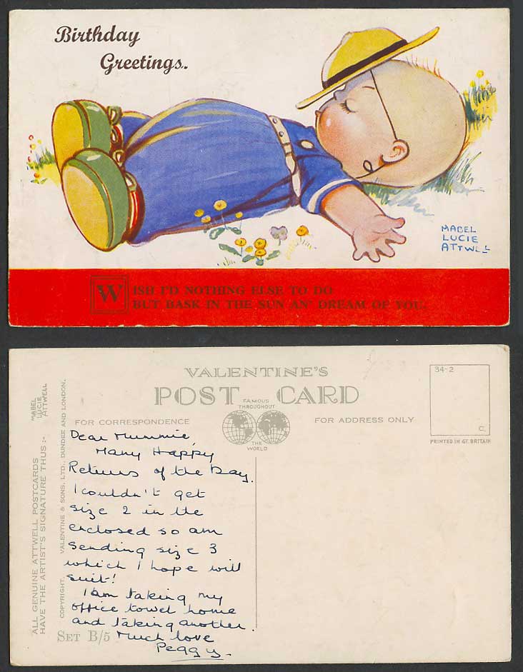 MABEL LUCIE ATTWELL Old Postcard Birthday Bask in The Sun & Dream of You Set B/5