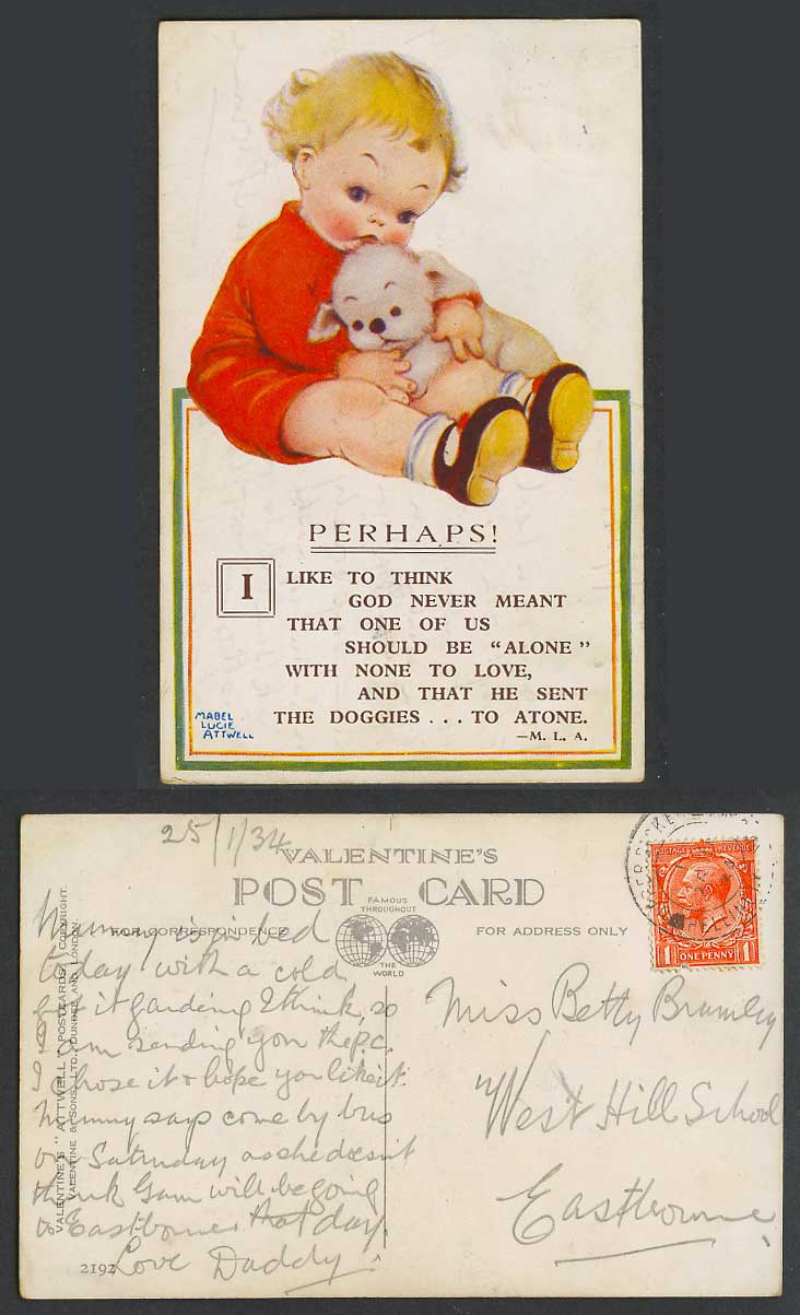 MABEL LUCIE ATTWELL 1934 Old Postcard None to Love, He Sent Doggie to Atone 2192