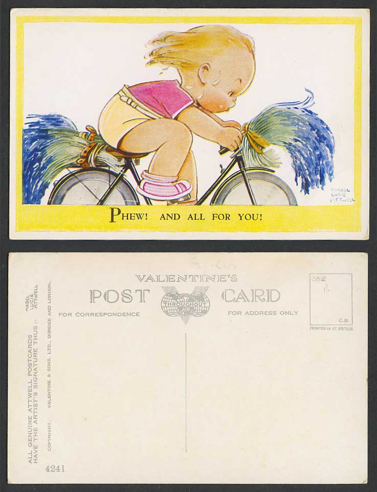 MABEL LUCIE ATTWELL Old Postcard Girl Bicycle Cyclist Phew! And All For You 4241