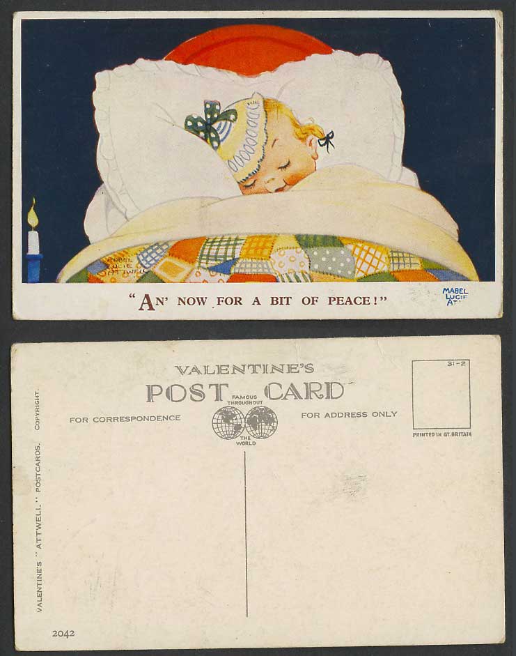 MABEL LUCIE ATTWELL Old Postcard An' Now for a bit of Peace! Girl Sleeping 2042