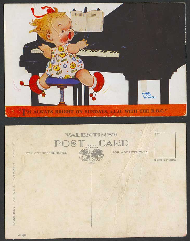 MABEL LUCIE ATTWELL Old Postcard Girl Piano Bright on Sundays 2.L.O. B.B.C. 2140