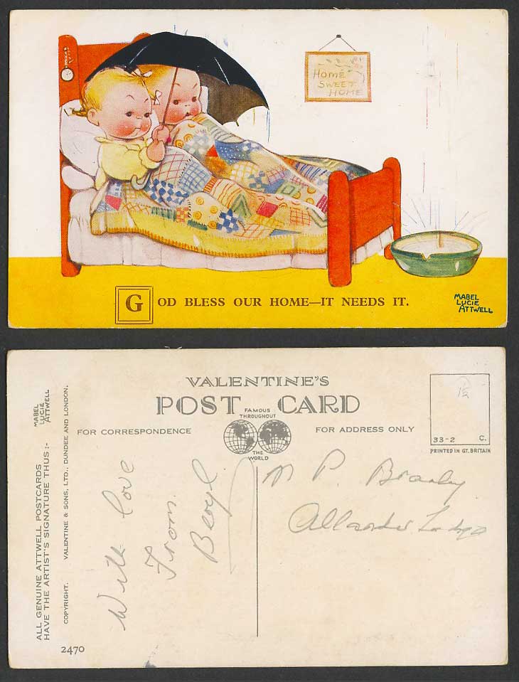 MABEL LUCIE ATTWELL Old Postcard God Bless Our Home - It Needs it. Umbrella 2470