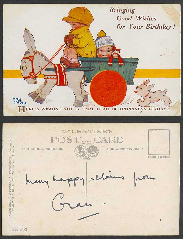 MABEL LUCIE ATTWELL Old Postcard A Cart Load of Happiness Your Birthday! Set N/8