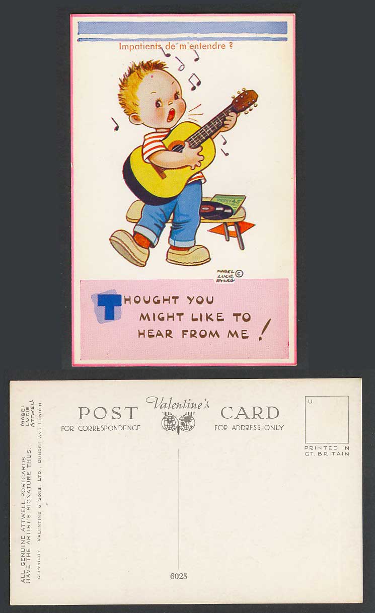 MABEL LUCIE ATTWELL Old Postcard Boy Guitar You Might Like to Hear from Me! 6025