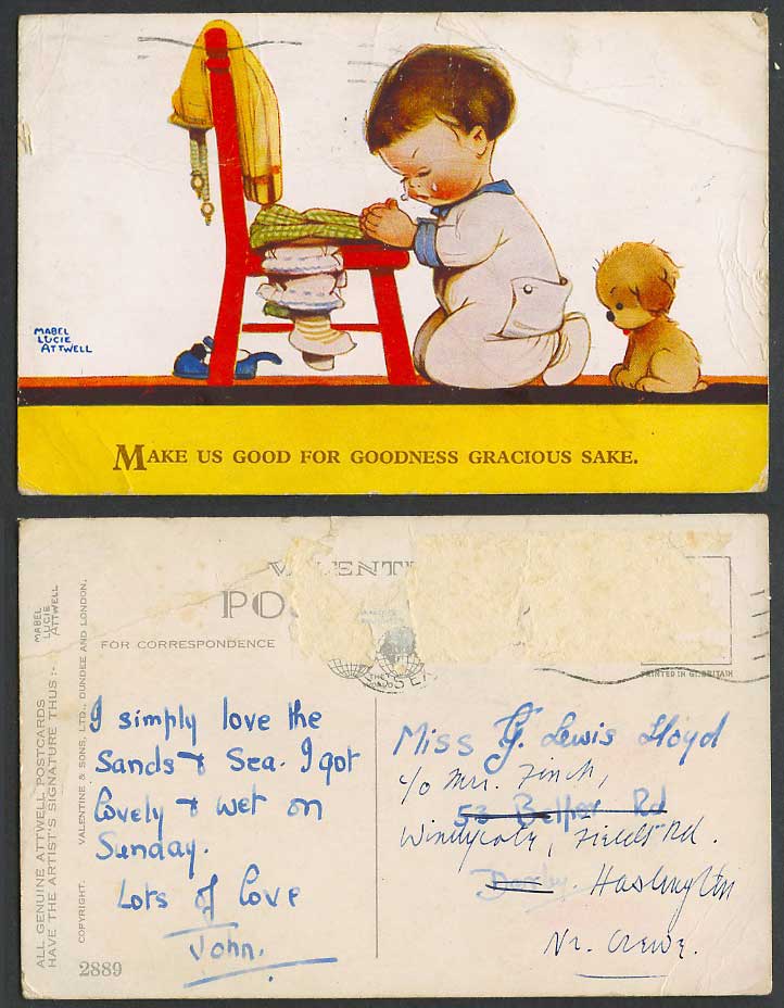 MABEL LUCIE ATTWELL Old Postcard Make Us Good for Gracious Sake, Prayer Dog 2889