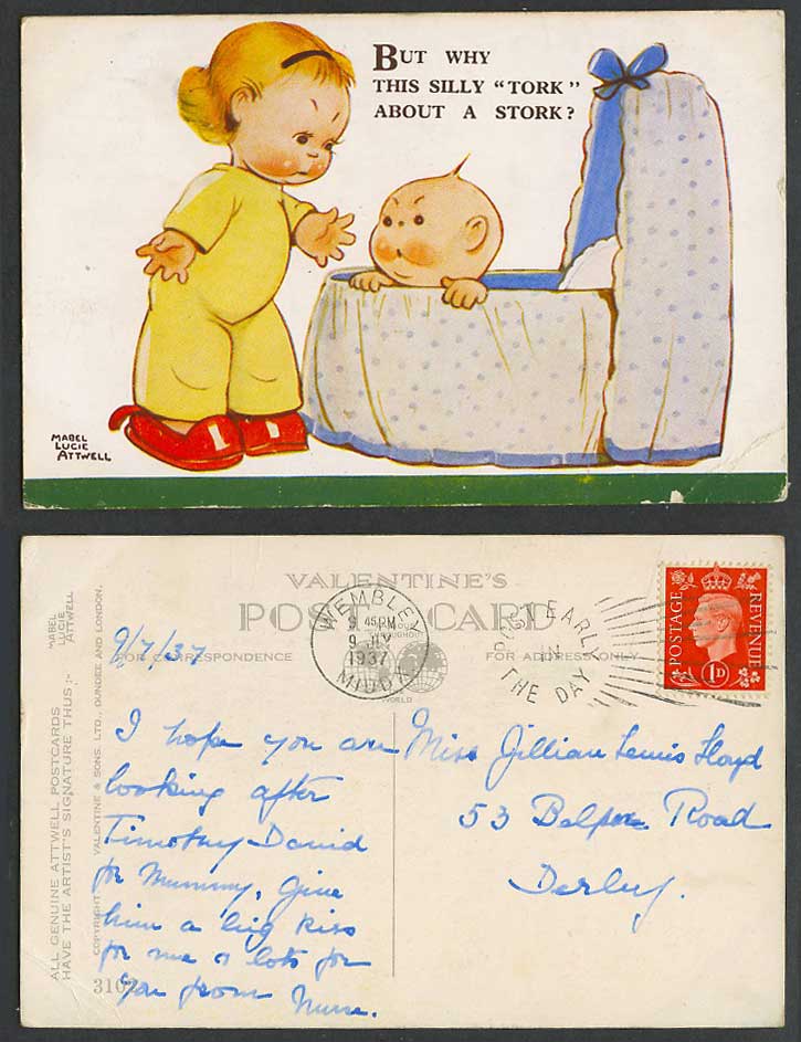 MABEL LUCIE ATTWELL 1937 Old Postcard Baby Why This Silly Tork about Stork? 3102