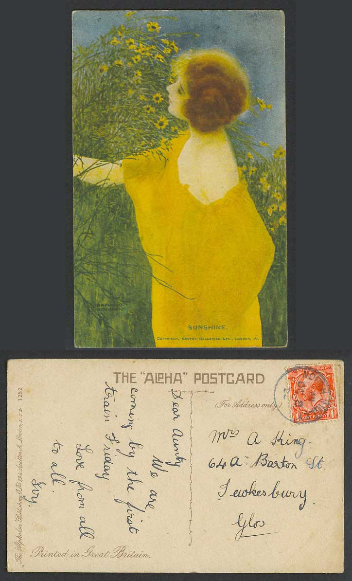 Raphael Kirchner 1924 Old Postcard Sunshine Glamour Lady Woman in Yellow Flowers