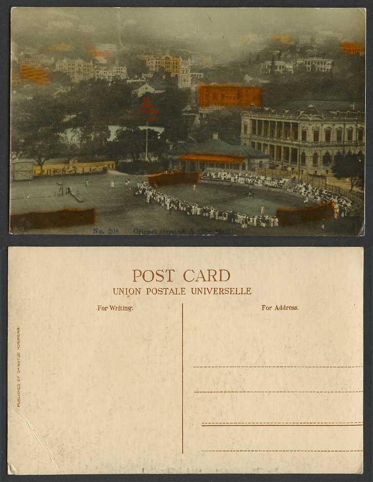 Hong Kong China Old Hand Tinted Postcard Cricket Ground City Hall, Tennis Courts