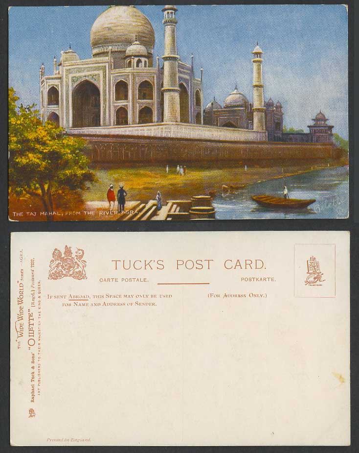 India Old Tuck's Postcard The Taj Mahal from The River Agra Boat Wonder of Earth