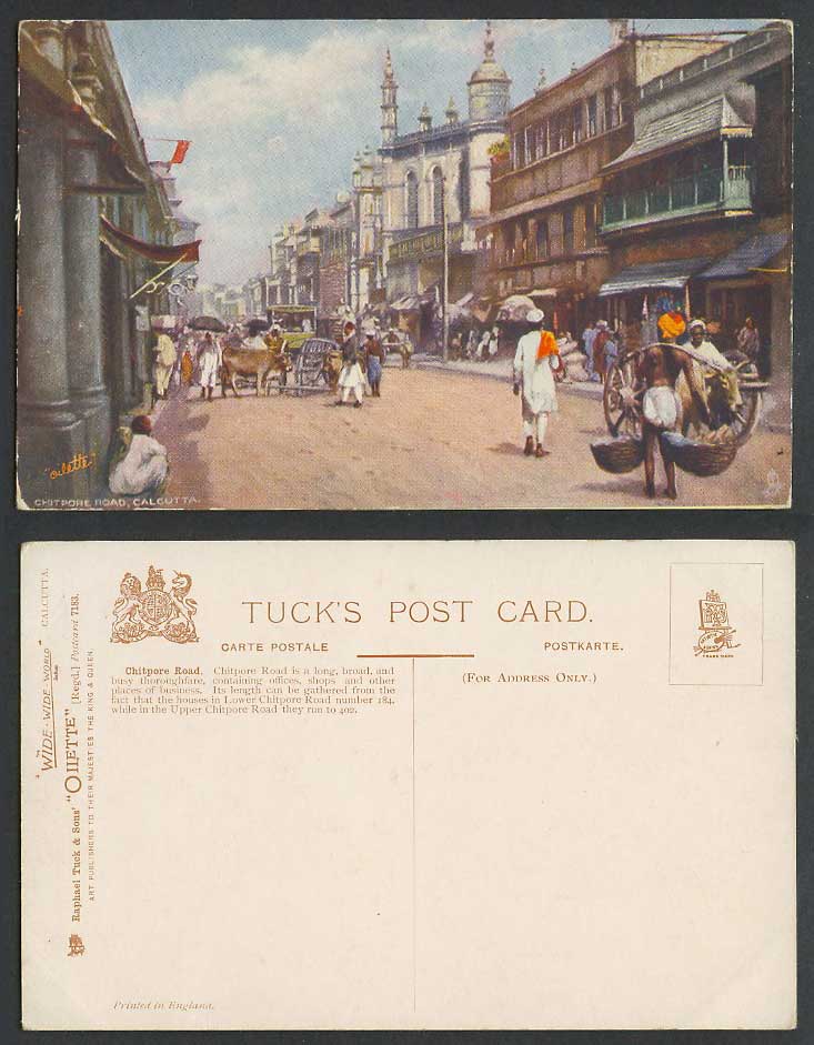 India Old Tuck's Oilette Postcard Chitpore Road Street Scene Coolies Cattle TRAM