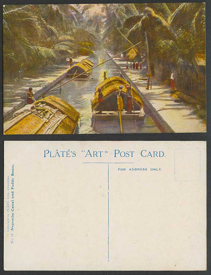 Ceylon Old Colour Postcard Negombo Canal, Paddy Boats Native Sampans Plate's ART