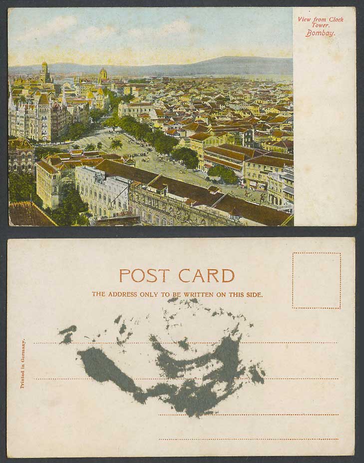 India Old Colour UB Postcard View from Clock Tower Bombay, Street Scene Panorama