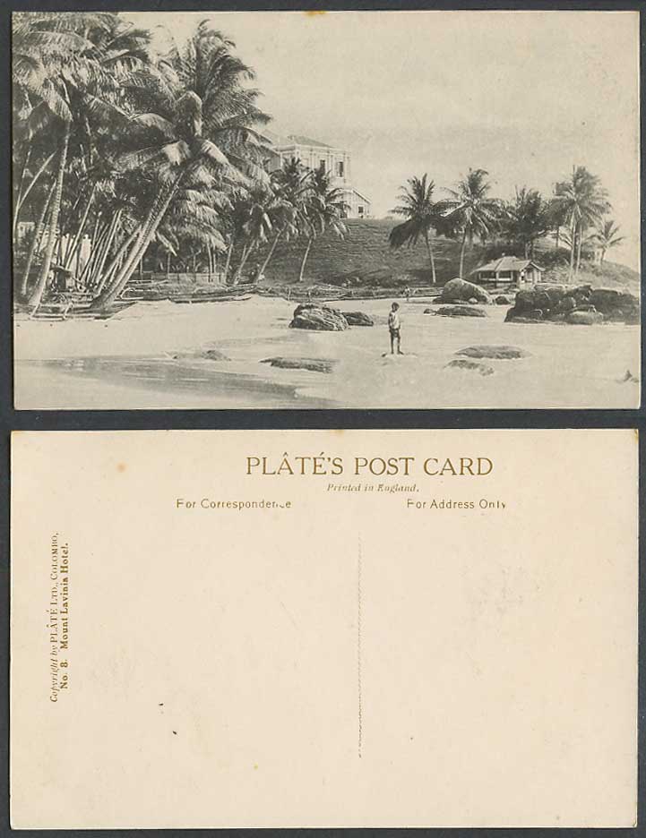 Ceylon Old Postcard Mount Lavinia Hotel, Palm Trees, Boy, Seashore Beach Rocks 8