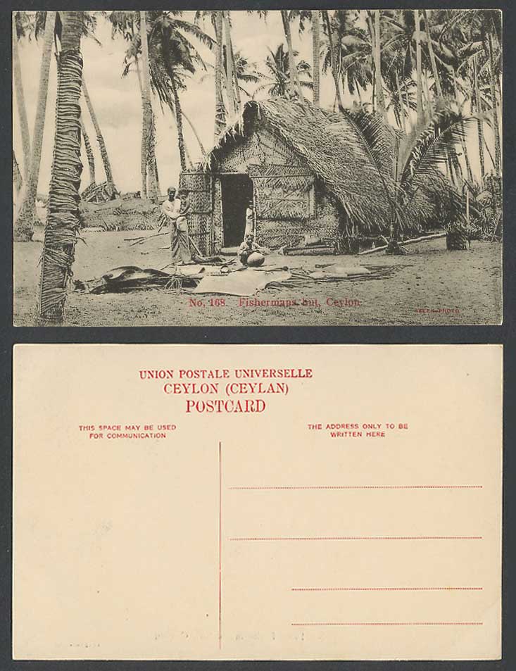 Ceylon Old Postcard Fishermans Hut, House Palm Trees Woman Baby Children Fishery