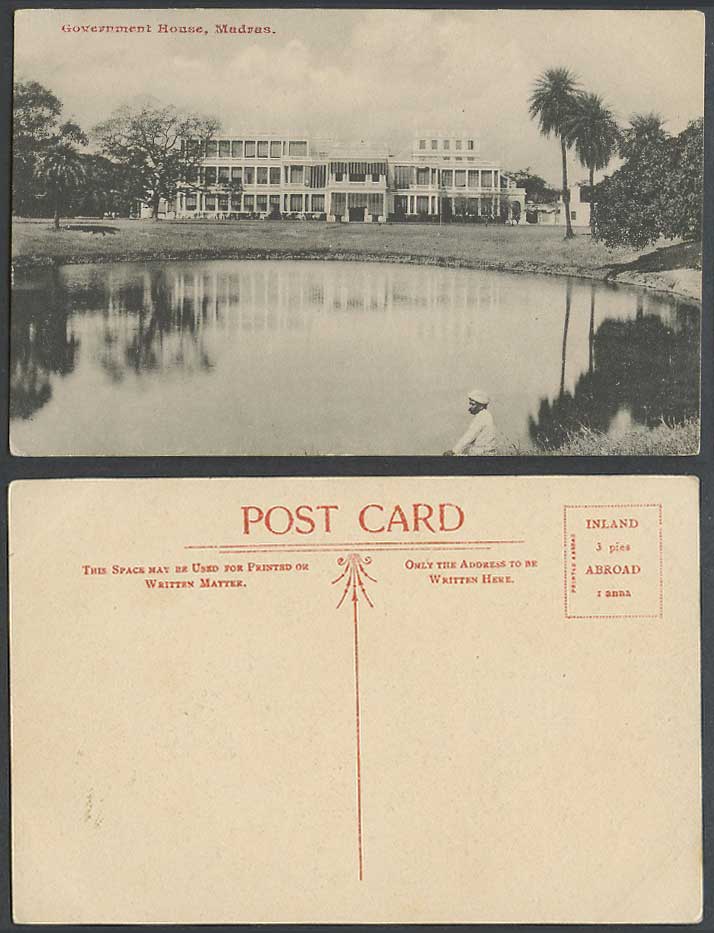 India Old Postcard Madras Government House Native Man Sitting by Lake Palm Trees