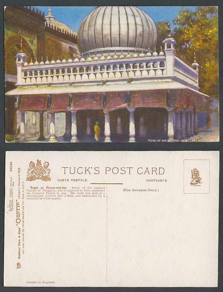 India Old Tuck's Oilette Postcard Delhi, Tomb of Nizam Ood-Din, Thuggism Founder