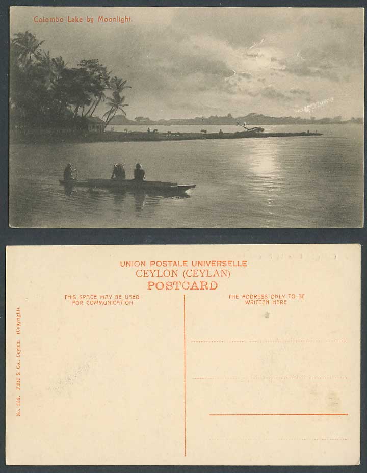 Ceylon Old Postcard Colombo Lake by Moonlight, Moon, Night Boat Canoe Palm Trees