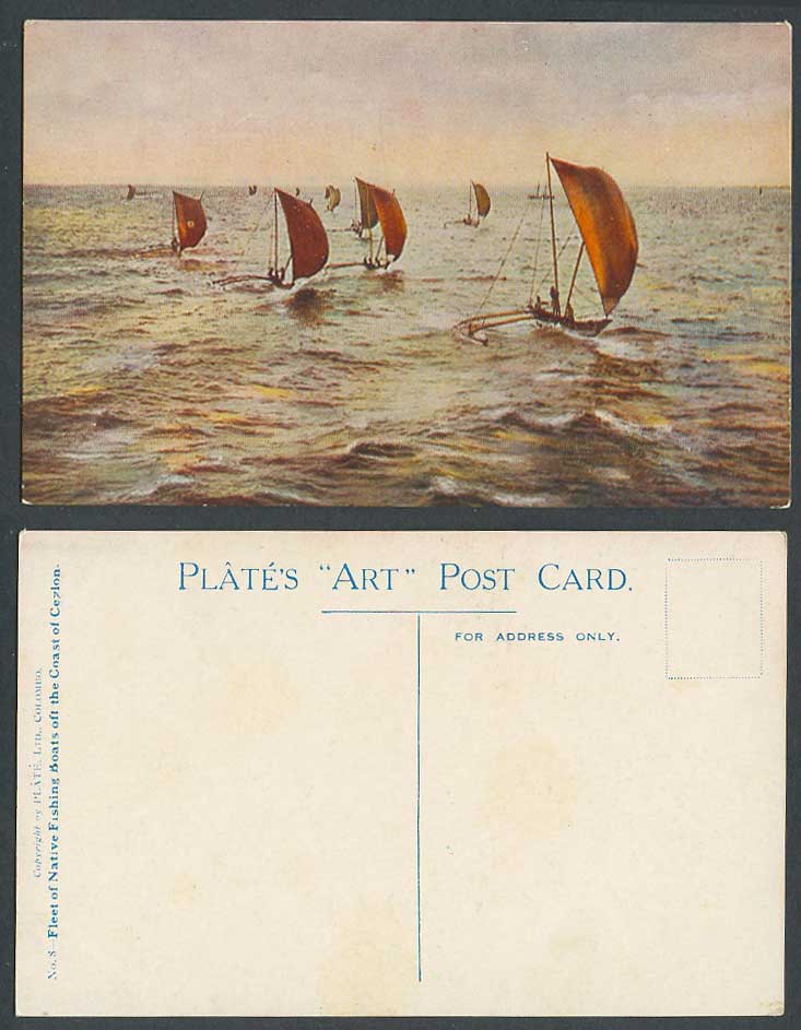 Ceylon Old Colour Postcard Fleet of Native Fishing Boats off Coast Sailing Canoe