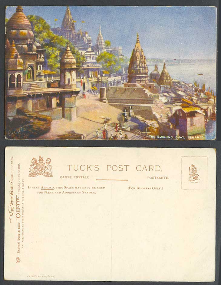 India Old Tuck's Oilette Postcard Burning Ghat Benares River Bridge Temple Boats