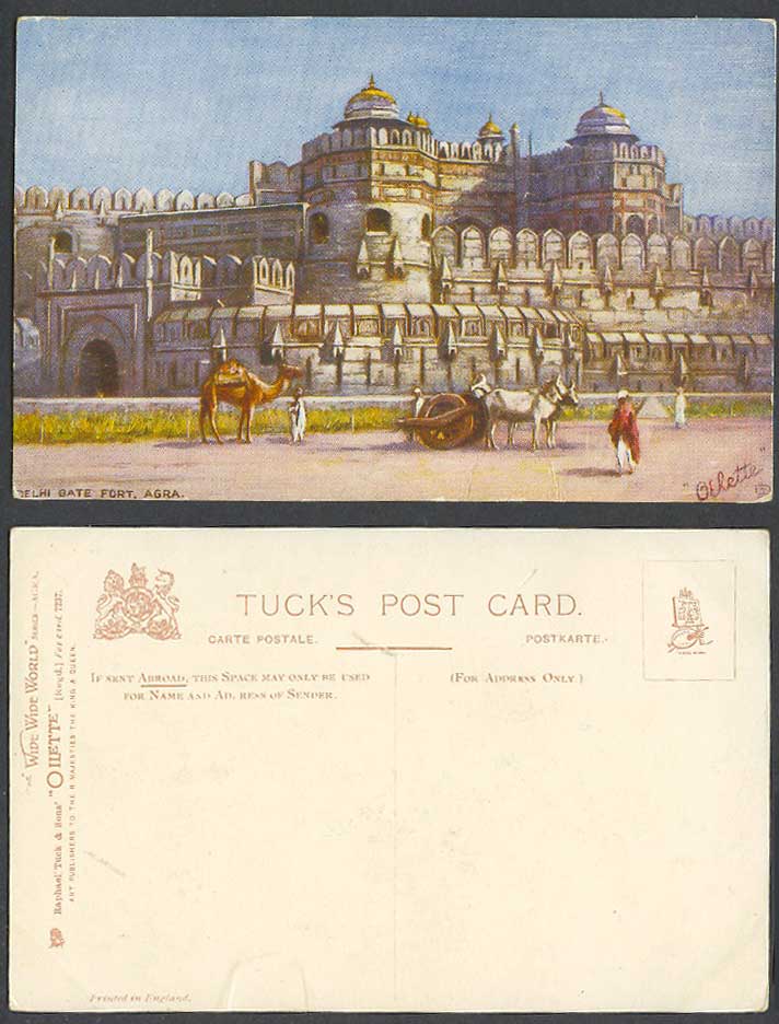 India Old Tuck's Oilette Postcard Delhi Gate Fort Agra Camel Cattle Cart Gateway