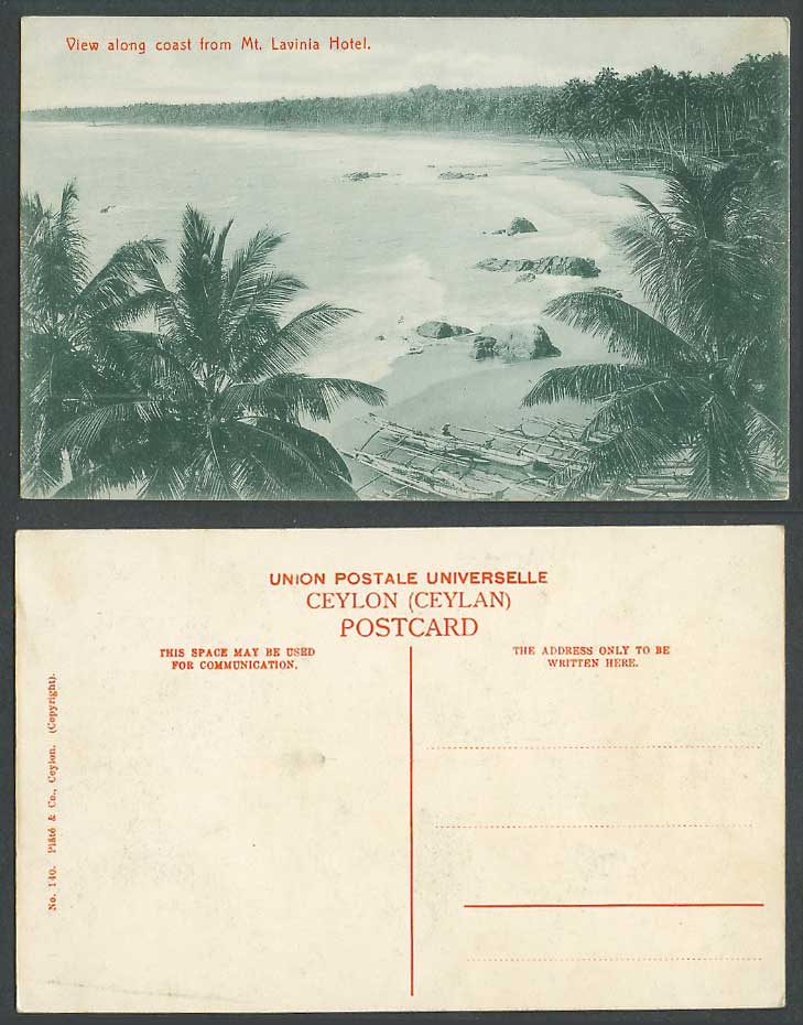 Ceylon Old Postcard View Along Coast from Mount Mt Lavinia Hotel Beach Palm Tree