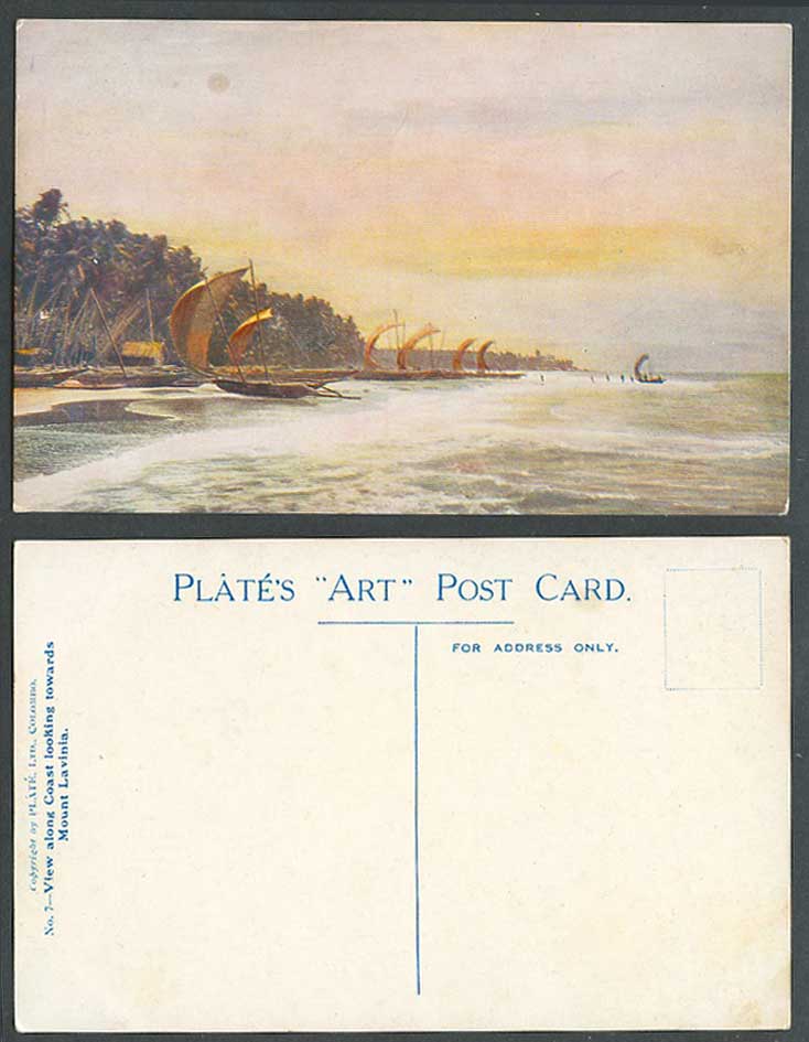 Ceylon Old Postcard View along Coast Looking towards Mt Mount Lavinia Plates ART