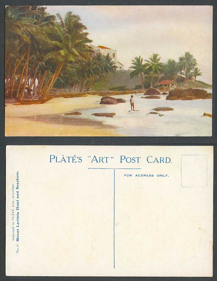 Ceylon Old Colour Postcard Mount Lavinia Hotel, Seashore Beach Boy Plate's Art 6